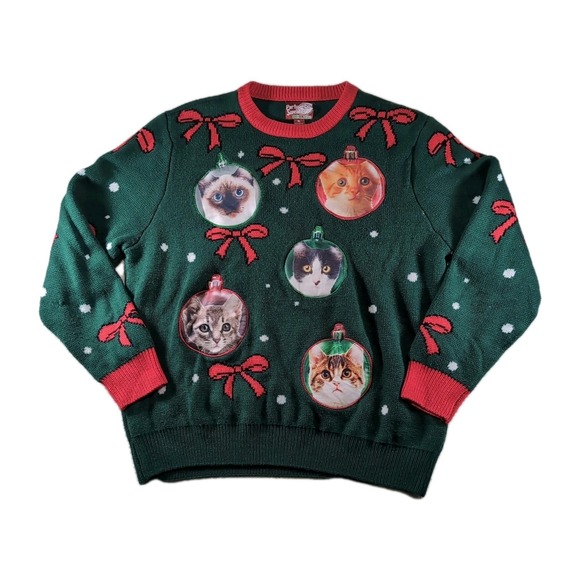 Party Sweater Ugly Christmas Adult Unisex XL Cats Kitten Pullover Xmas Green - Picture 1 of 6